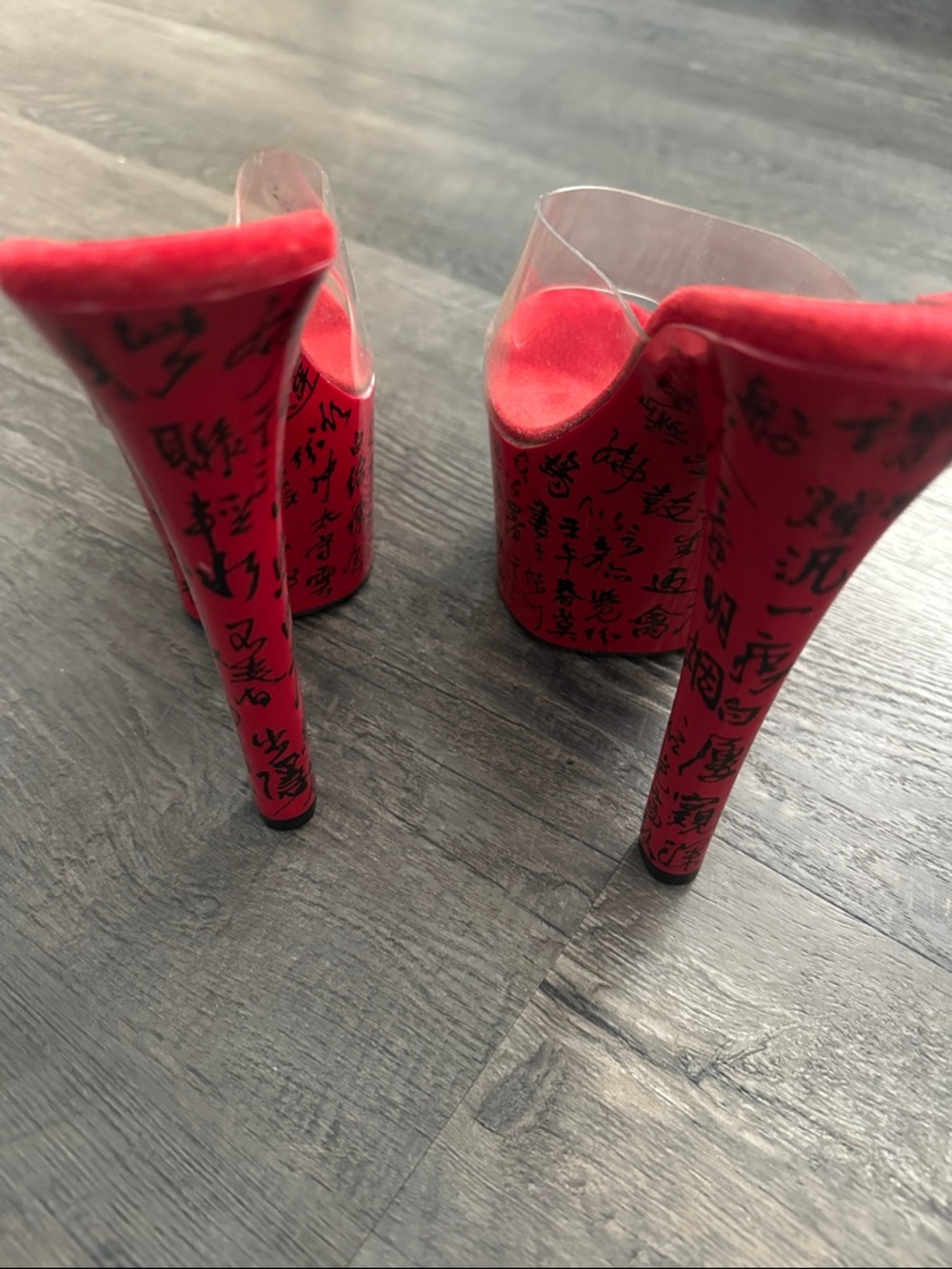 Pleaser Red Suede Platform Heels with Clear Strap - Picture 3 of 4